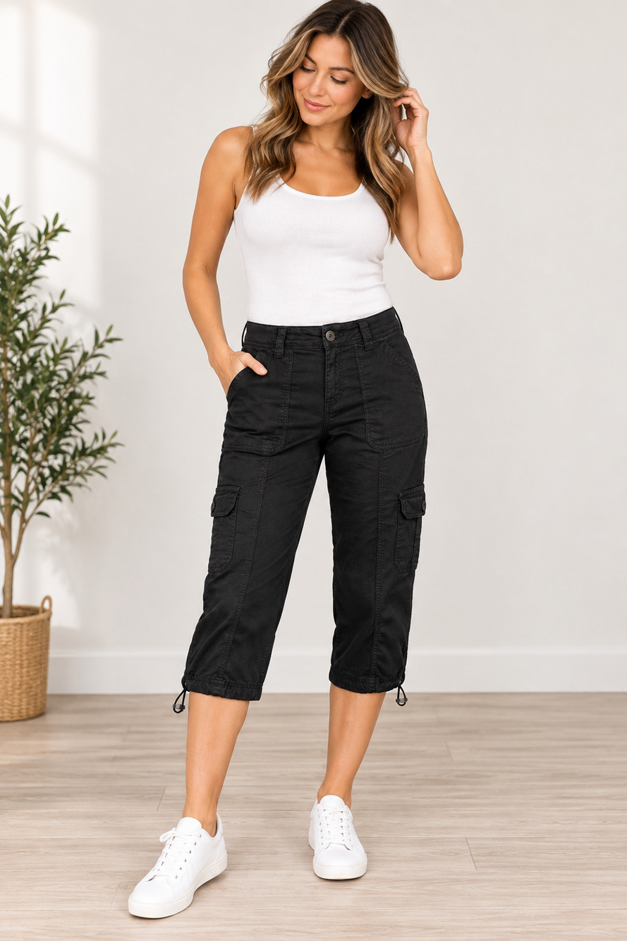 Style & Co Womens Size 10 Black Cargo Capri Pants Stretch Drawstring Utility